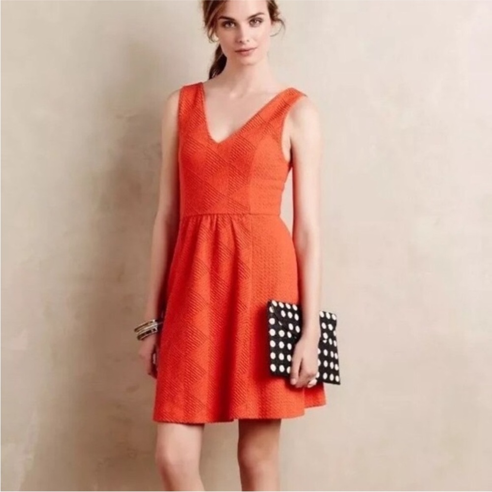 Anthropologie Maeve cut out Orange Textured Fit & Flare Dress 4 XS